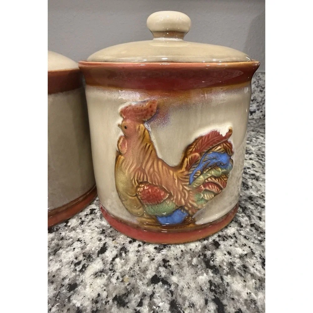 Vintage Rooster Chicken Canister Set of 3 Glazed Pottery Farmhouse Grandma Core